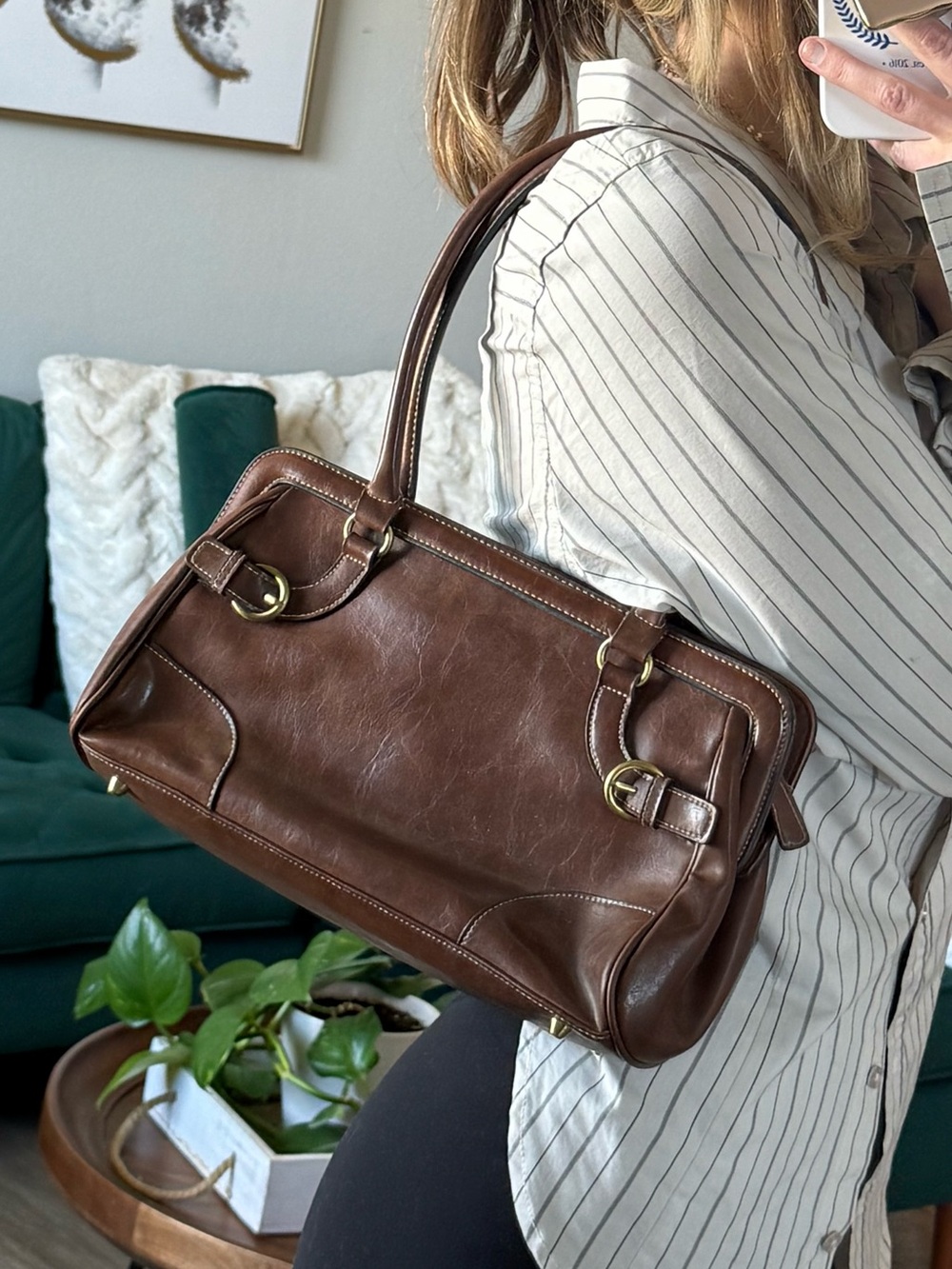 Vintage Brown Buckle Shoulder Bag / Y2K Espresso Faux Leather Purse